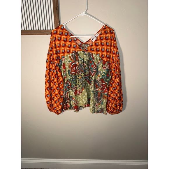 Bucketlist Mixed Print Paisley Geometric V-Neck Blouse Orange Green Small - Picture 2 of 6